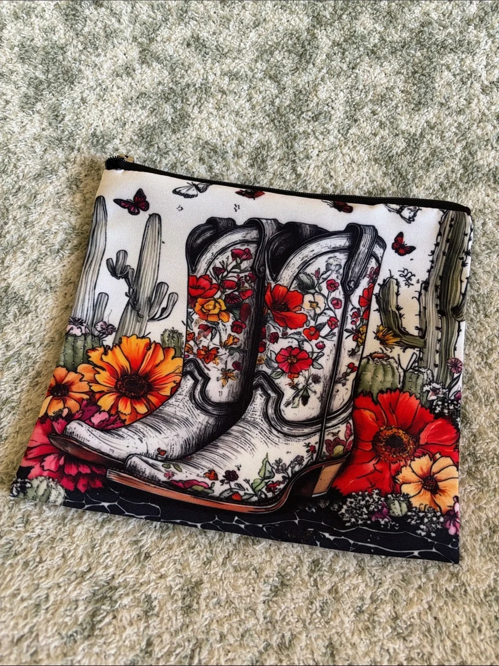 Western Santa Fe Floral Cactus Cowboy Boot Cosmetic Travel Bag Zipper Pouch NWT